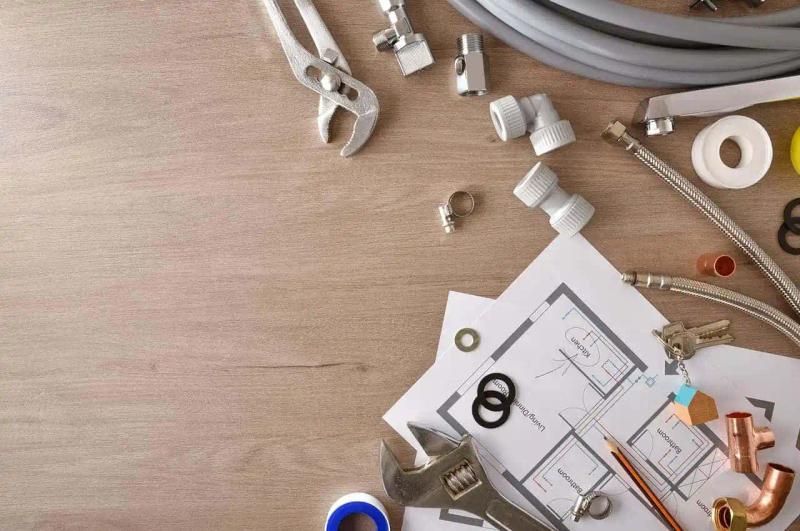 Plumbing materials on a workbench
