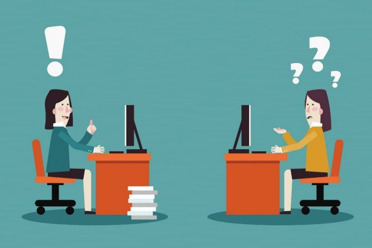 Graphic of two people at opposite office desks talking to each other