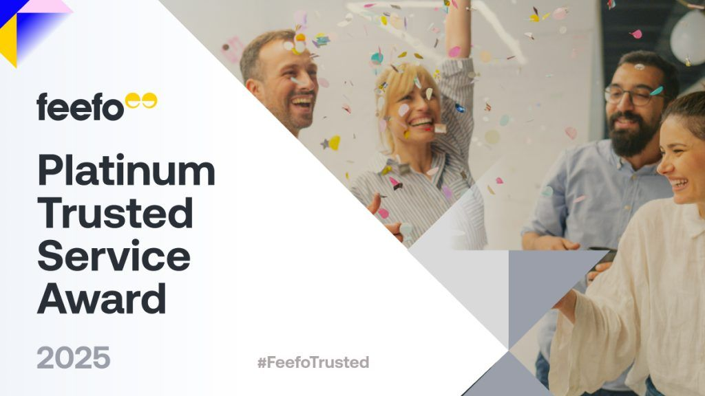 A screenshot displaying a "Feefo Platinum Trusted Service Award 2025" badge, featuring the text "#FeefoTrusted." The image includes smiling faces of a group of people celebrating.