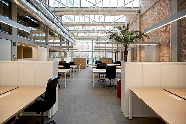 Modern office with brick walls, exposed desks, and plants.