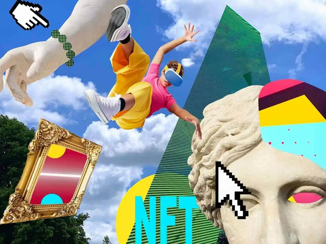 A man in a yellow shirt and pink pants is soaring through the air with a joyful expression.